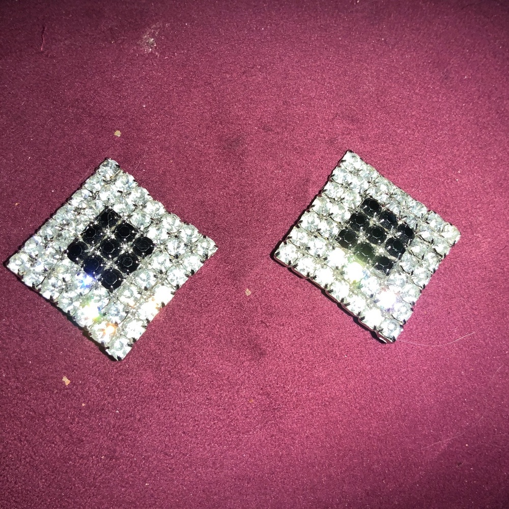 Sparkly Clear and Blue CZ Rhinestone Square/Diamond Clip-On earrings P0011